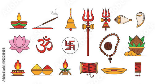 Collection of colorful hindu religious symbols and traditional worship items