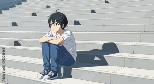 Lonely Anime Boy Sitting on Stairs.