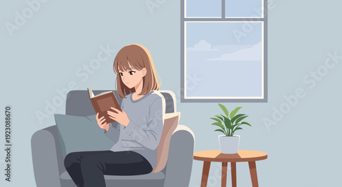 Woman Sitting on Sofa Reading Book.