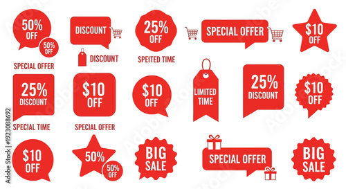 Collection of red discount sale badges and labels isolated on white