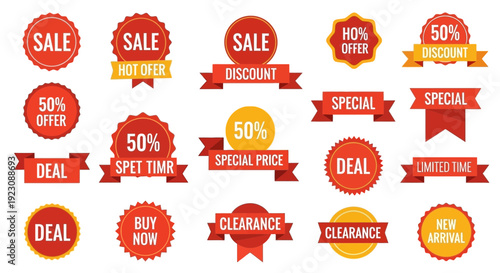 Collection of red and yellow sale badges for promotional advertising