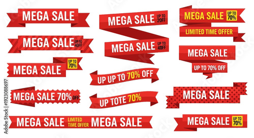 Collection of red mega sale banners with up to 70 off promotion