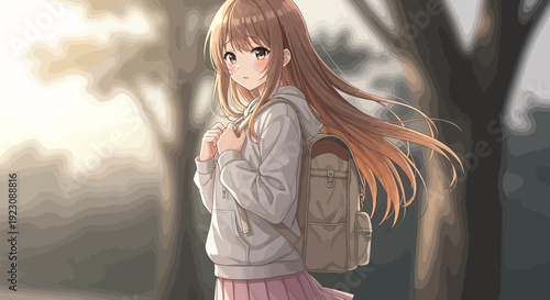 Young Anime Girl with Long Hair Outdoors.