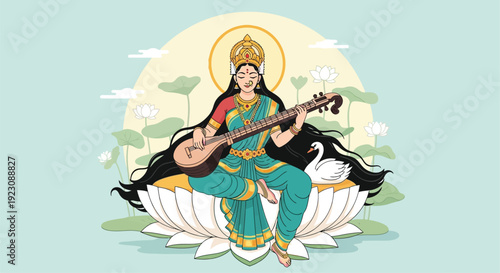 Goddess saraswati the hindu deity of knowledge and music depicted