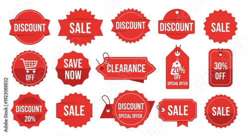 Collection of red sale discount badges and labels for promotions and offers