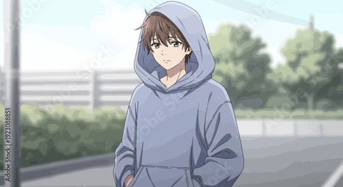 Young Anime Male Wearing Hoodie Outdoors.
