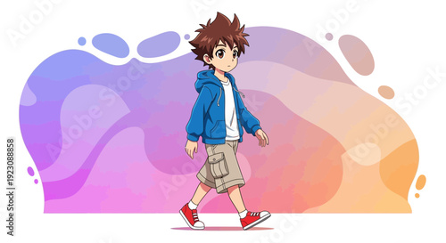 Young Cartoon Boy Walking in Casual Outfit.