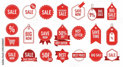 Collection of red sale tags and badges for commerce and advertising
