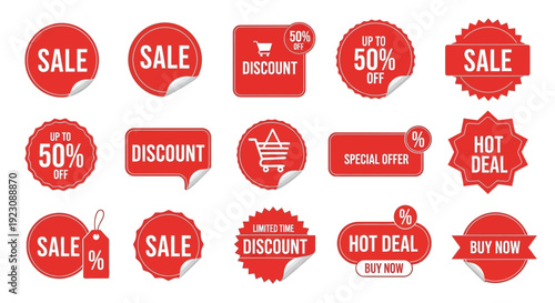 Collection of red sale stickers and badges for retail promotions