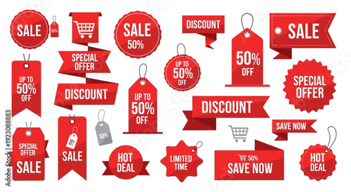 Collection of red sale tags and banners for promotional discount offers