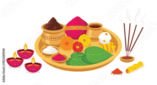 A colorful puja thali with traditional items for hindu worship