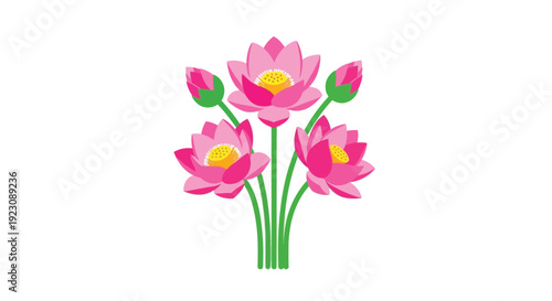 A vibrant bouquet of pink lotus flowers with green stems and leaves
