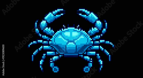 Detailed Blue Pixel Art Crab on a Solid Black Background in Retro Game Style