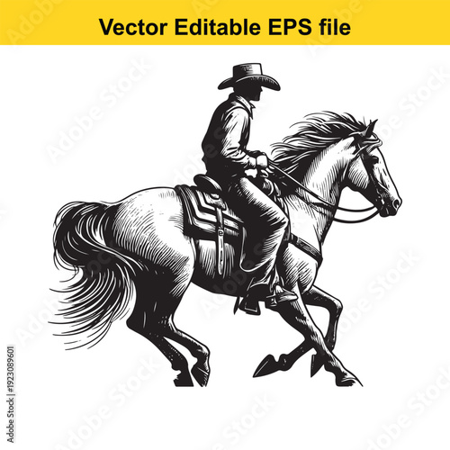 Cowboy Riding Horse Silhouette Vector Illustration