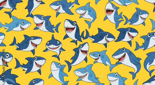 Playful Seamless Pattern of Cute Cartoon Sharks Swimming on a Bright Yellow Background