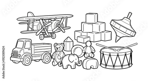 A collection of classic line-art drawings of children's toys, including an airplane, truck, teddy bear, elephant, blocks, drum, and spinning top.