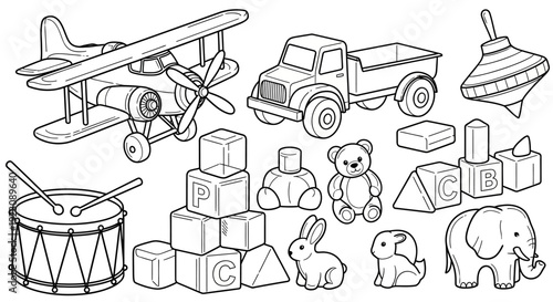 A collection of classic wooden toys, including an airplane, truck, drum, building blocks, and stuffed animals, presented in a black and white line drawing.
