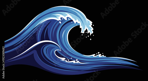 Dynamic Stylized Ocean Wave Crashing in Blue Tones on Dark Black Background