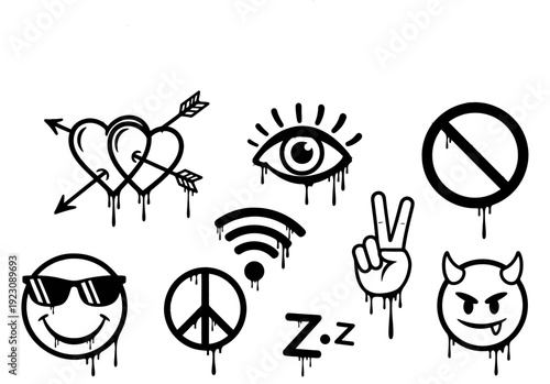 Collection of black and white graffiti-style icons with dripping paint effect, featuring symbols like hearts, eye, peace sign, Wi-Fi, smiley, and devil emoji.