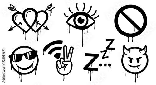 Set of black and white graffiti-style icons featuring dripping paint effects, including hearts, an eye, a prohibition sign, a cool smiley, a peace sign, sleep Zs, and a devil face.