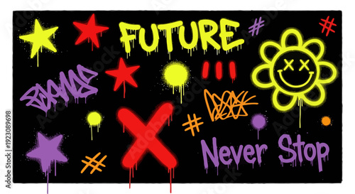 Vibrant graffiti art composition featuring spray paint text 'FUTURE' and 'Never Stop' with stars, an 'X', and a smiley flower on a black background.