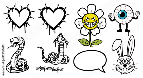 A collection of edgy cartoon graphic elements including spiked hearts, a mischievous flower, an eyeball character, snakes, barbed wire, a speech bubble, and a dead-eyed rabbit.