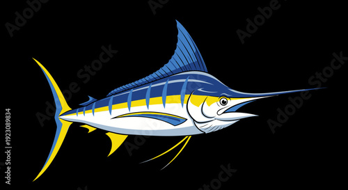Dynamic Illustration of a Blue Marlin Swimming, Majestic Marine Life on Black Background