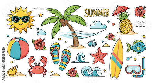 Colorful Summer Vacation Elements Collection on Isolated White Background