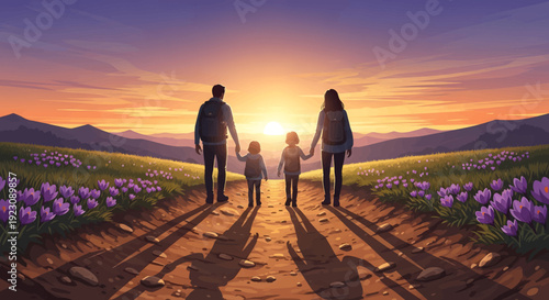 Family of three walking hand in hand on a dirt path through a field of purple flowers at sunset with mountains in the background upscayl-standard