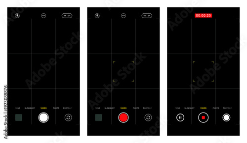 Vector set of portrait smartphone camera UI overlays featuring grid lines and focus lock indicator. Ideal for UI mockups, app design, and video/photo templates.