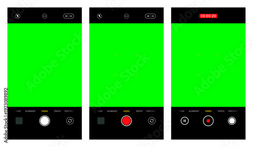 Vector set of portrait smartphone camera UI overlays featuring focus lock and green screen. Ideal for UI mockups, app design, and video/photo templates.