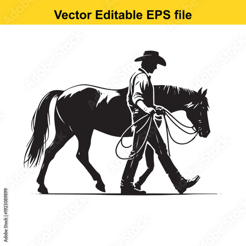 Cowboy Leading Horse Silhouette Vector Illustration