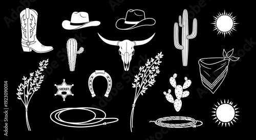 Set of western-themed white silhouette icons including cowboy boots, hat, cactus, bull skull, sun, bandana, horseshoe, sheriff star, and rope on a black background