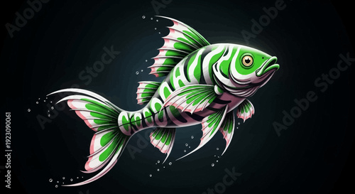 Vibrant green and white tropical fish with large fins swimming in dark water with bubbles, isolated white background