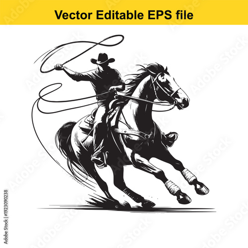 Cowboy Riding Horse with Lasso Rope - Vector Illustration