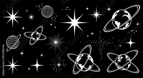 Collection of White Outline Space and Celestial Icons on Isolated Black Background