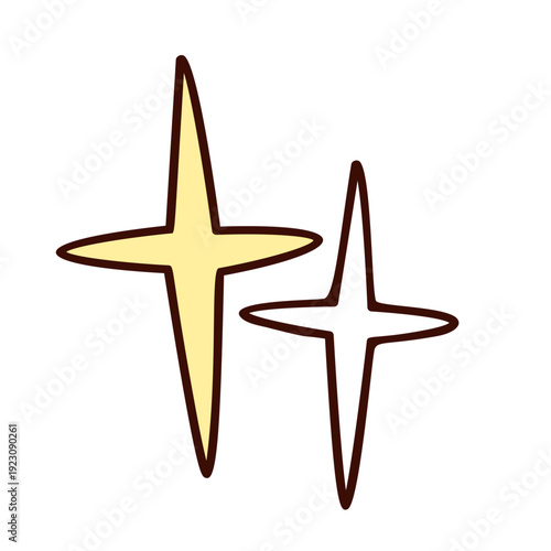 Sparkle with elongated sharp points and simple outline contour, clean glowing shape paired with secondary star detail. Sparkle in retro groovy minimal style vector illustration.