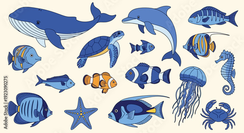 Collection of Colorful Marine Animals Including Whales, Dolphins, Turtles, Fish, and Jellyfish on Light Cream Background