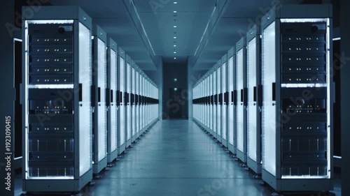 Data Center Corridor with Illuminated Server Racks