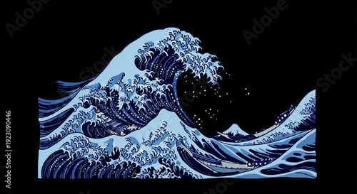 Powerful Stylized Ocean Wave Crashing on Isolated Black Background