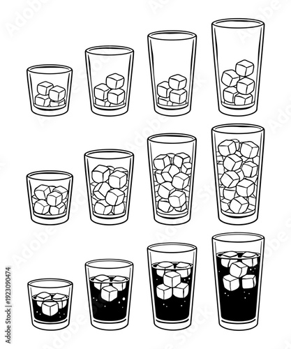 Hand drawn set showing step by step process of filling different glasses with ice cubes and pouring carbonated drink. Black and white vector doodle illustration.
