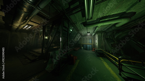 abandoned subway maintenance corridor green tint, cracked tiles and rusted tracks, scattered debris and faded posters, damp platform access and shadowed tunnel