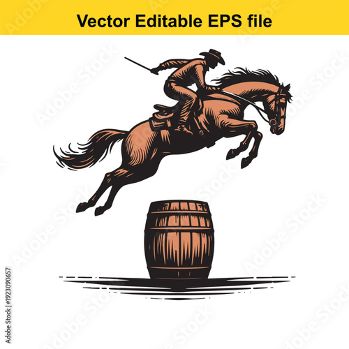Cowboy Horse Vaulting Barrel Vector Illustration Design