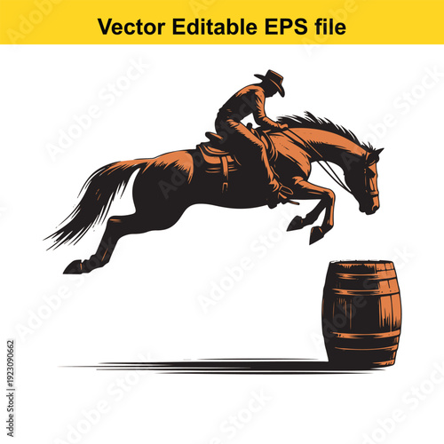 Cowboy Riding Horse Barrel Racing Vector Illustration