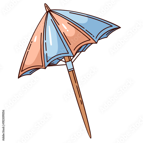 Beach Umbrella with striped canopy panels, wooden pole and curved fabric edges forming classic summer accessory. Beach Umbrella in retro groovy outline style vector illustration.