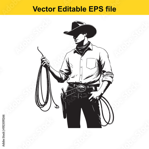 Cowboy Man Illustration with Lasso Rope - Vector Graphic