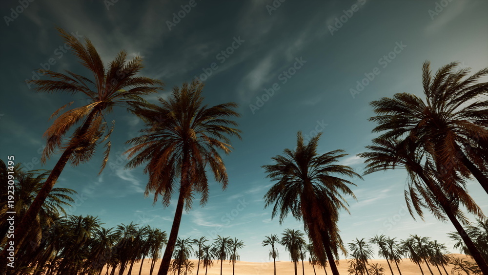 Obraz premium sunset palm silhouettes over beach horizon, cinematic lowangle view of tall palms and fronds swaying in warm breeze, deep teal sky with streaking clouds,