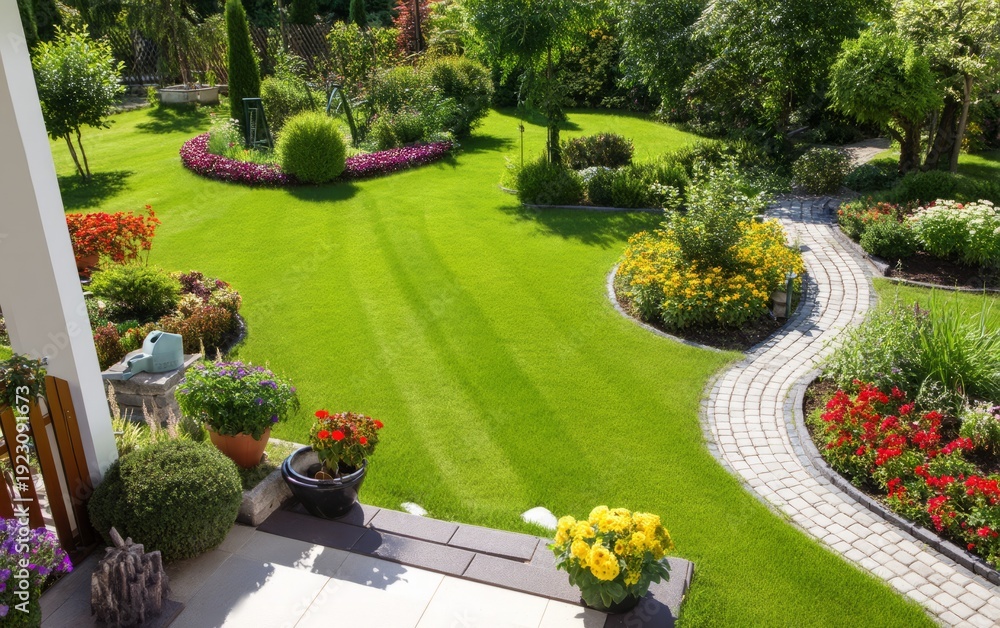 Fototapeta premium Vibrant Landscape Design Featuring Flower Beds and Greenery in Yard