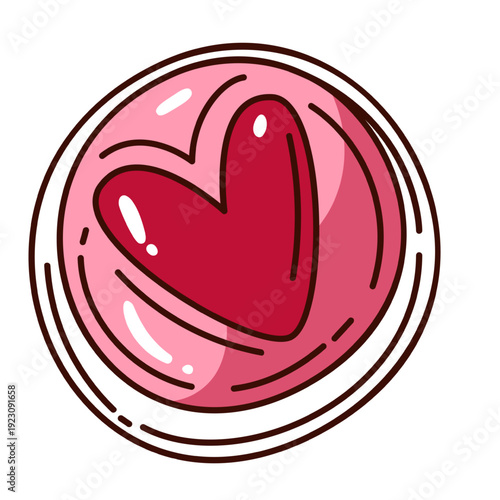Love Sticker with glossy round shape, bold circular frame and centered heart symbol forming romantic decorative element. Love Sticker in retro groovy outline style vector illustration.