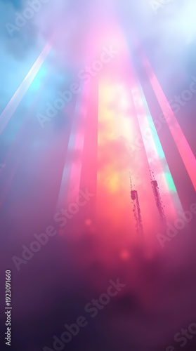 Background wallpaper for party invitation, clubs, event. Low angle perspective, complementary epic colors, misty atmospheric.